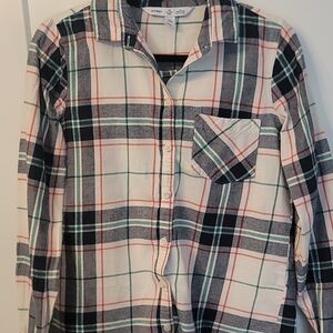 Old Navy Plaid Button-Down Shirt in White, Navy, Green, and Orange